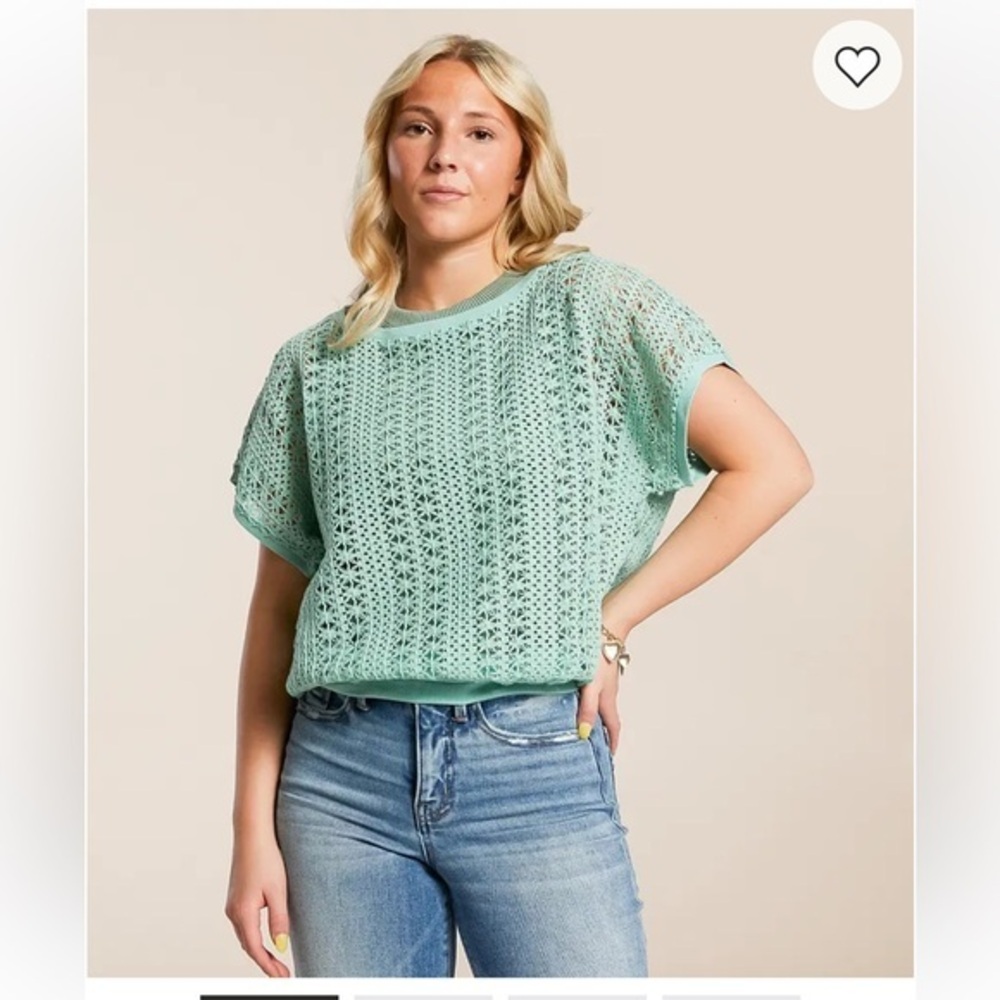 NWT Daytrip Light Green Crochet Knit Short Sleeve Top - Women